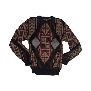 AMFK Co Moda Burgundy Brown Diamond Leather Patch Grandpa Sweater Size L VTG 80s